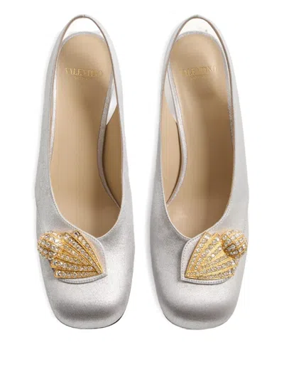 Valentino Garavani Block Heel Embellished Slingback Square Toe Pumps In White