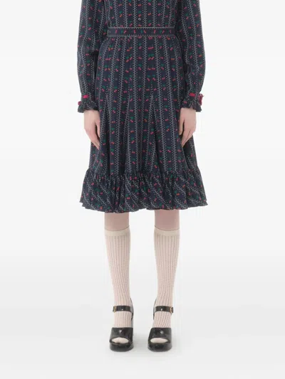 Valentino Silk Cherry Midi Skirt In Black