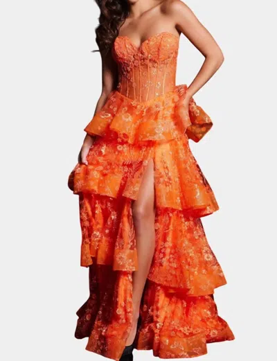 Jovani 38528 Long Strapless Formal Layered Skirt Prom Dress In Orange