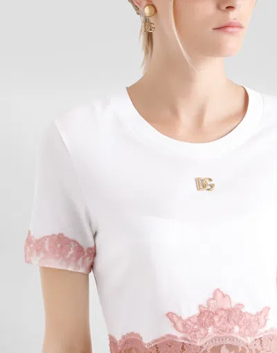 Dolce & Gabbana Cropped Jersey T-shirt With Dg Logo And Lace Inserts In White