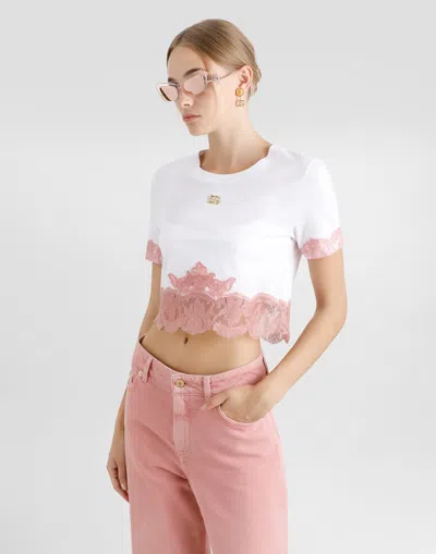 Dolce & Gabbana Cropped Jersey T-shirt With Dg Logo And Lace Inserts In White