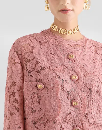 Dolce & Gabbana Women Branded Floral Cardonetto Lace Sheath Dress In Pink