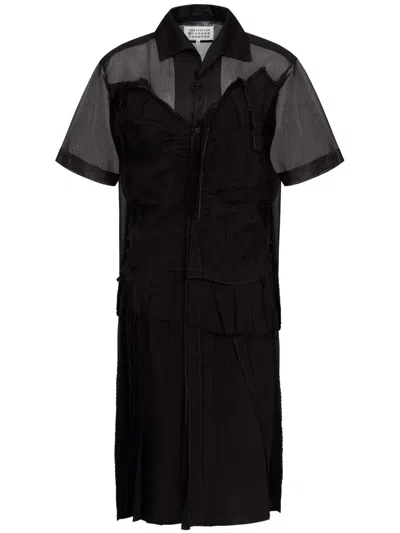 Maison Margiela Womens Mesh-panels Short-sleeves Woven Midi Dress Black And Black