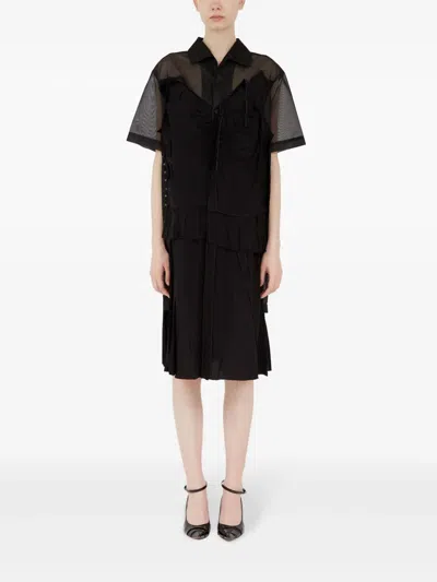 Maison Margiela Womens Mesh-panels Short-sleeves Woven Midi Dress Black And Black