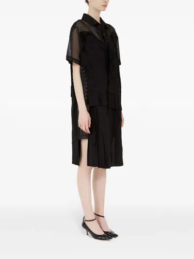 Maison Margiela Womens Mesh-panels Short-sleeves Woven Midi Dress Black And Black