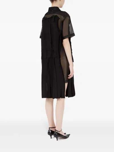 Maison Margiela Womens Mesh-panels Short-sleeves Woven Midi Dress Black And Black