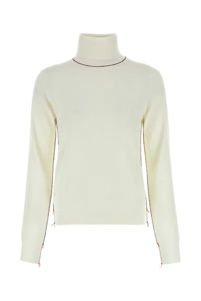 Maison Margiela White High Neck Sweater With Contrasting Stitching In Wool Woman