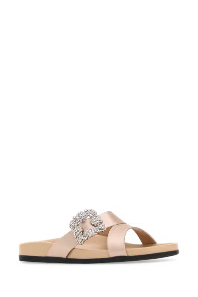 Manolo Blahnik Open Toe Satin Slippers With Embellished Detail