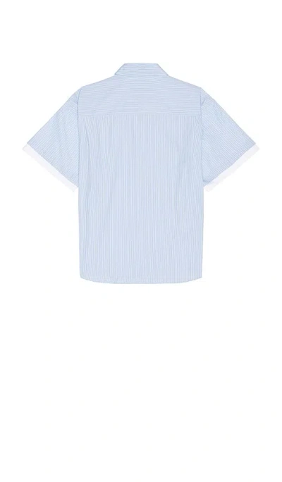 Le Pere Blue Double Short Sleeve Button Down Shirt In Blue Stripe