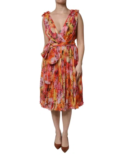 Dolce & Gabbana Multicolor Floral Sleeveless V-neck Midi Dress In Multi