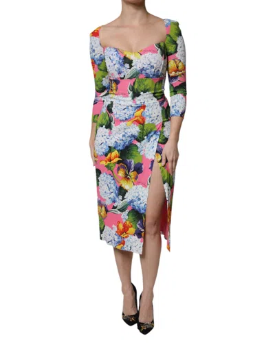 Dolce & Gabbana Multicolor Floral Side Slit Midi Dress In Green