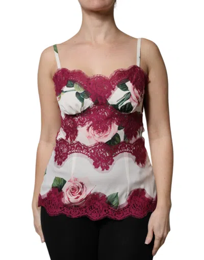 Dolce & Gabbana White Rose Print Satin Lace Tank Top Lingerie In Burgundy