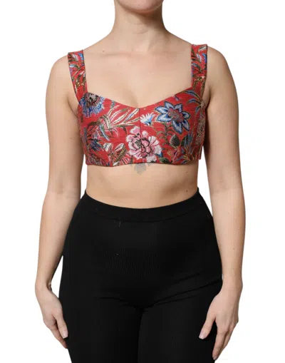 Dolce & Gabbana Red Floral Brocade Cropped Bustier Corset Top In Red