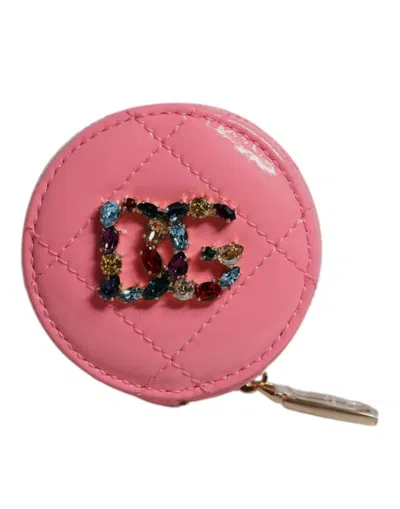 Dolce & Gabbana Pink Lamb Leather Dg Crystal Round Coin Purse Wallet