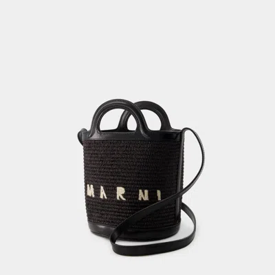 Marni Black Leather And Raffia Tropicalia Bucket Bag