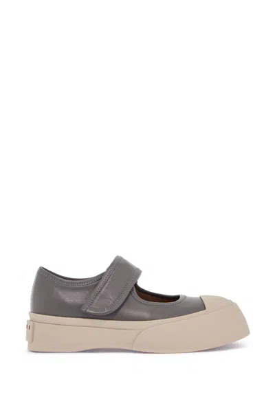 Marni Gray Calfskin Low-top Sneakers With Hook-and-loop Closure