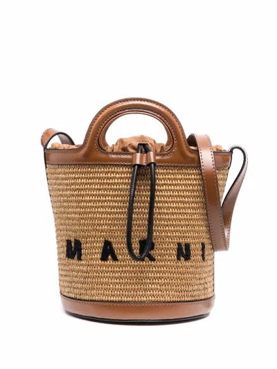 Marni Light Brown Woven Fabric And Leather Bag With Circular Handles