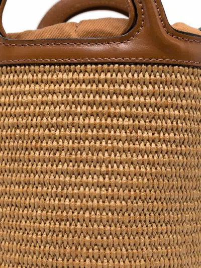 Marni Light Brown Woven Fabric And Leather Bag With Circular Handles