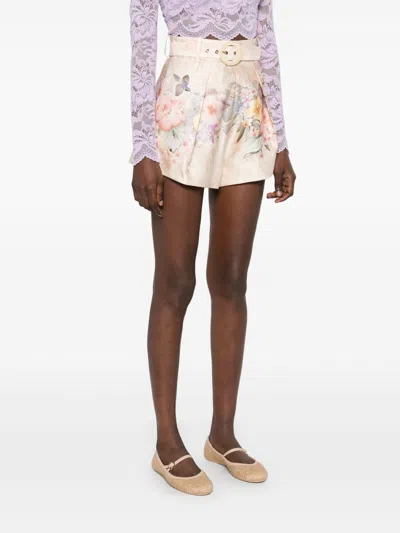 Zimmermann 'illuminate' Beige Shorts With Adlustable Belt And All-over Floral Print