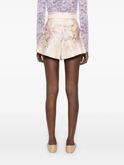 Zimmermann 'illuminate' Beige Shorts With Adlustable Belt And All-over Floral Print