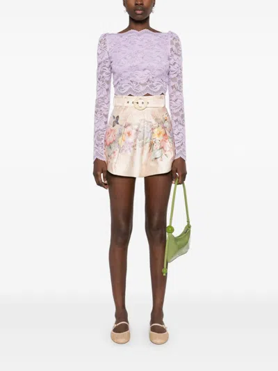 Zimmermann 'illuminate' Beige Shorts With Adlustable Belt And All-over Floral Print