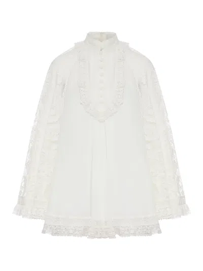 Zimmermann Ascension White Blouse With Lace Panels And Scallop Hem In Ramie Woman In Neutral