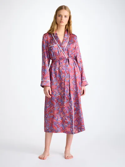 Derek Rose Women's Long Dressing Gown Silk Satin Amethyst Jungle Paisley Pattern