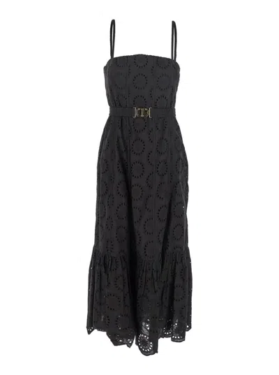Twinset Black Dress With Removable Straps And Broderie Anglaise In Cotton Woman