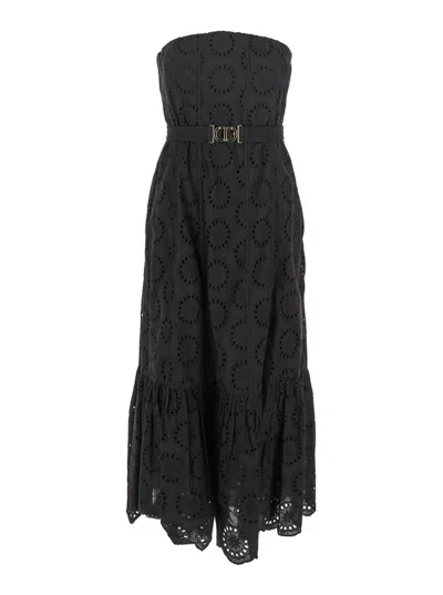 Twinset Black Dress With Removable Straps And Broderie Anglaise In Cotton Woman
