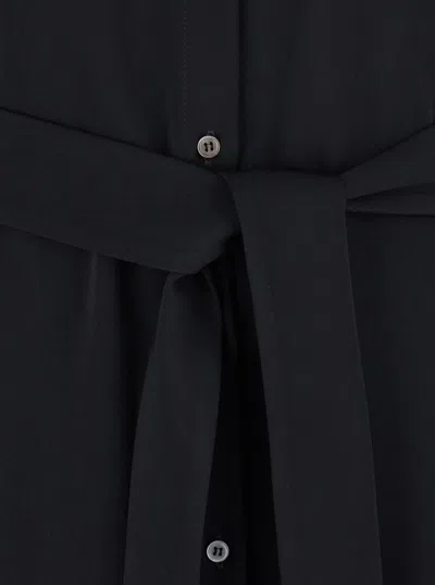 Plain Black Long Dress With Classic Collar And Front Button Closure In Fabric Woman