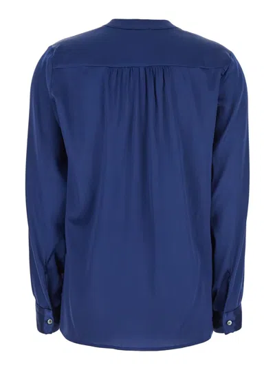 Plain Blue Blouse With V Neck And Buttoned Cuffs In Silk Woman