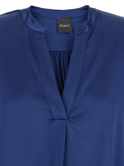 Plain Blue Blouse With V Neck And Buttoned Cuffs In Silk Woman
