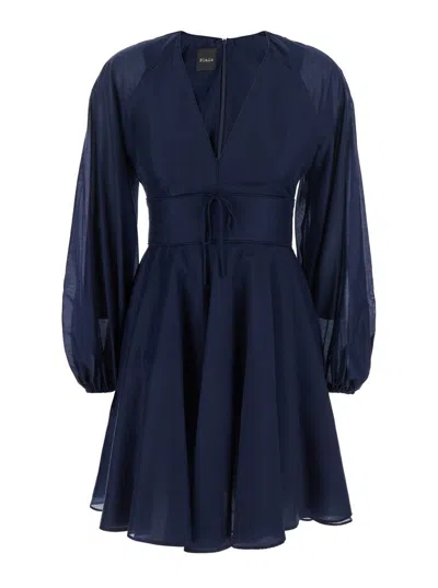 Plain Blue Mini Dress With V Neck And Puffed Sleeves