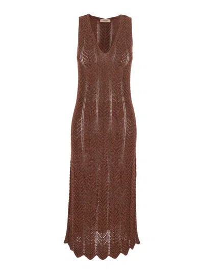 Twinset Brown Sleeveless Long Dress With V Neck And Logo Plaque On The Rear In Viscose Blend Woman