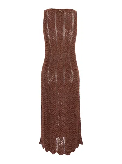 Twinset Brown Sleeveless Long Dress With V Neck And Logo Plaque On The Rear In Viscose Blend Woman