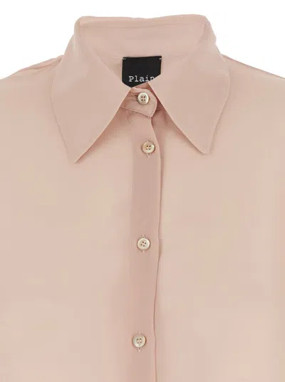 Plain Pink Oversize Blouse With Classic Collar And See-through Design