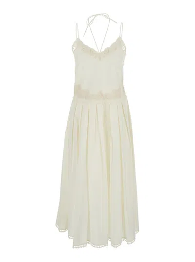 Twinset White Dress With V Neck And All-over Lace Embroidery In Cotton Woman
