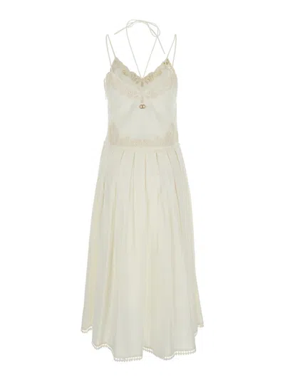 Twinset White Dress With V Neck And All-over Lace Embroidery In Cotton Woman
