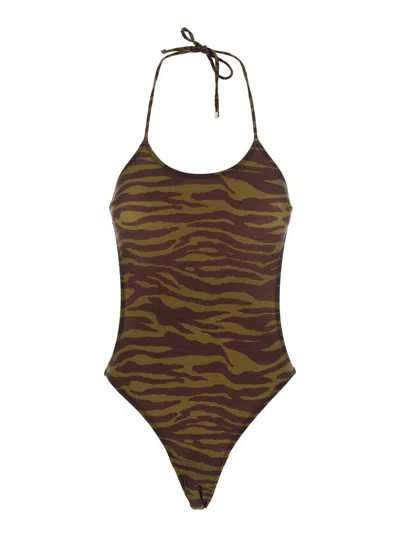 Attico Green Swimsuit With Halterneck With Tie And All-over Print In Tech Fabric Stretch Woman