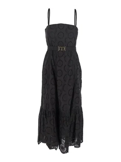 Twinset Black Dress With Removable Straps And Broderie Anglaise In Cotton Woman