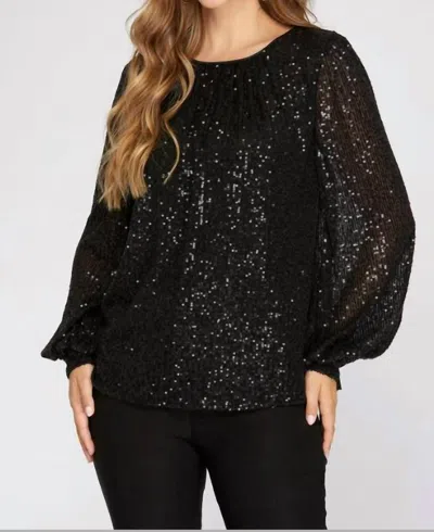 She + Sky Long Balloon Sleeve Sequin Top In Black