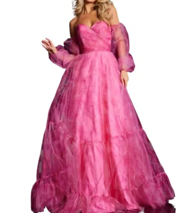 Jovani Off Shoulder Flounce Sleeve Prom Dress In Fuchsia Pink