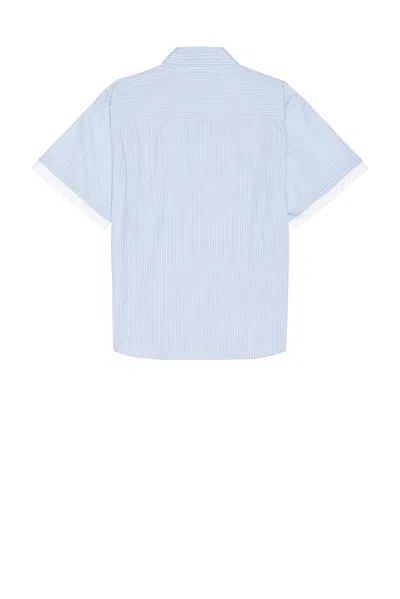 Le Pere Blue Double Short Sleeve Button Down Shirt In Blue Stripe