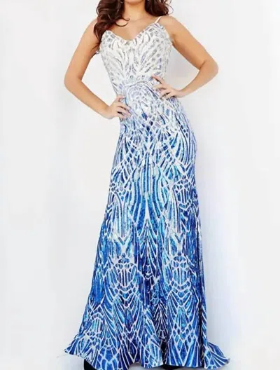 Jovani Wide V-neck Sequin Gown In Silver Blue