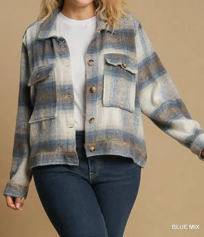 Umgee Plaid Cropped Jacket Shacket In Blue Mix