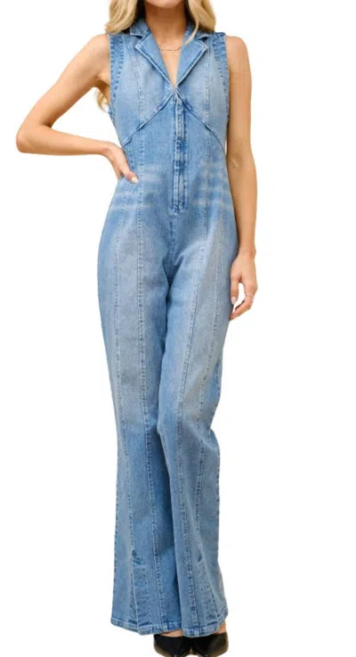 Blue B Collared Sleeveless Denim Jumpsuit In Light Wash