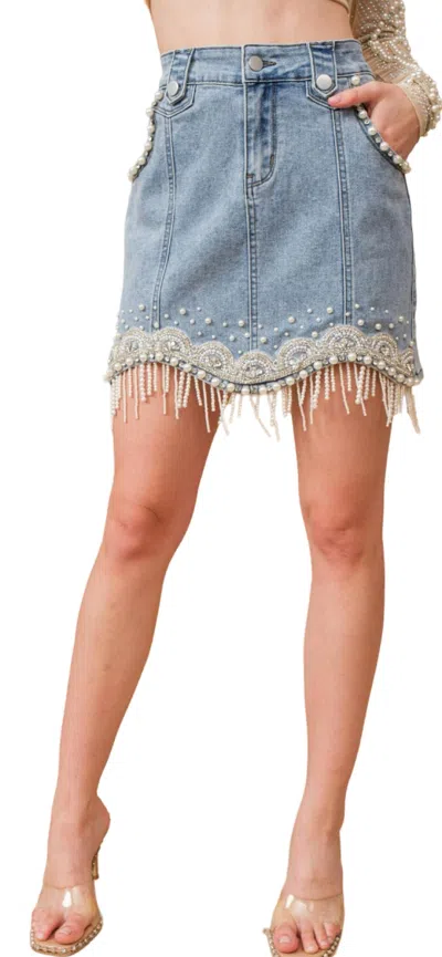 Blue B Denim Embellished Pearl Fringe Mini Skirt In Medium Wash