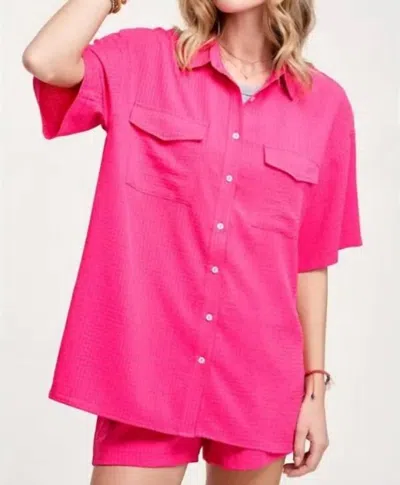 La Miel Collared Textured Comfy Loungewear Set In Fuchsia
