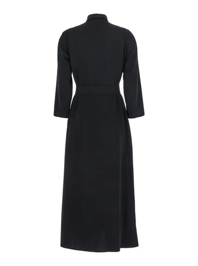 Plain Black Long Dress With Classic Collar And Front Button Closure In Fabric Woman