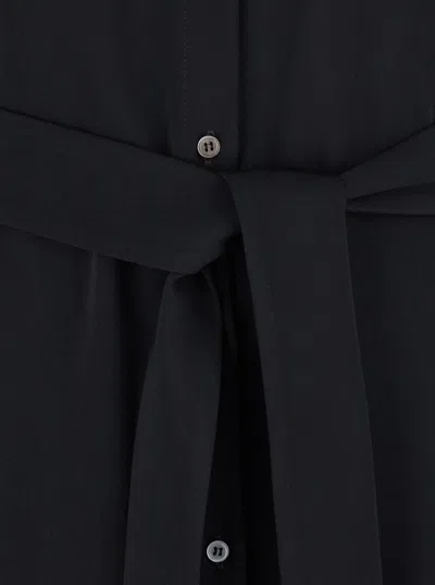 Plain Black Long Dress With Classic Collar And Front Button Closure In Fabric Woman